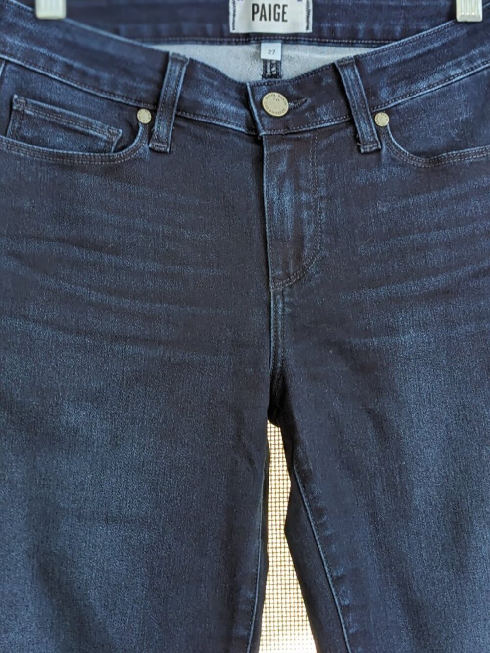 PAIGE, Dark Blue Wash 5 Pocket Skyline Ankle Peg Stevie Blue Jeans, Size 27